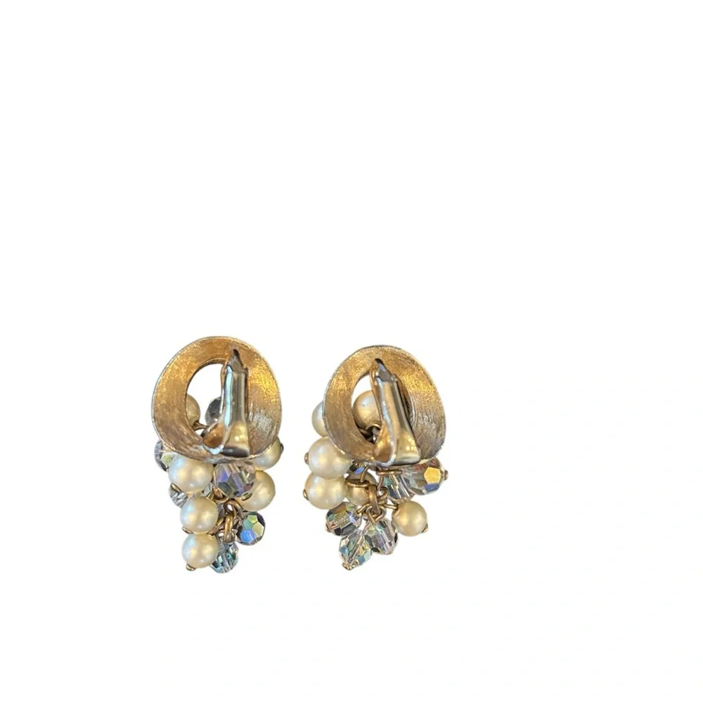 Vintage Faux Pearl and Crystal Beaded Clip On Earrings